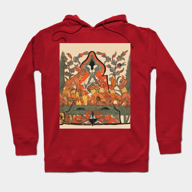 FOREST ANIMALS ,RED RABBITS AMONG FLOWERS AND GREEN LEAVES Hoodie by BulganLumini